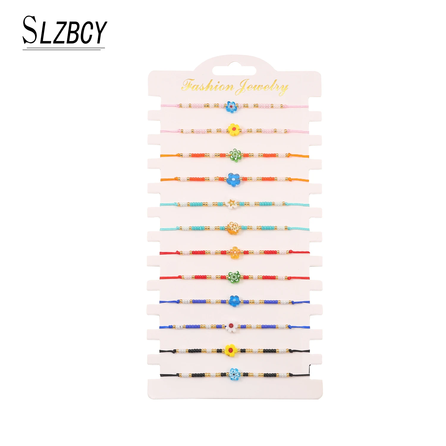 

12pcs/set Colorful Seed Beads Transparent Pendent Flowers Heart Bracelets For Women Girl Adjustable Chain Wristband Jewelry Gift