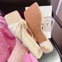 bow slippers fashion square toe pu leather summer outdoor beach thin mid heel sandals ladies dress sandals shoe