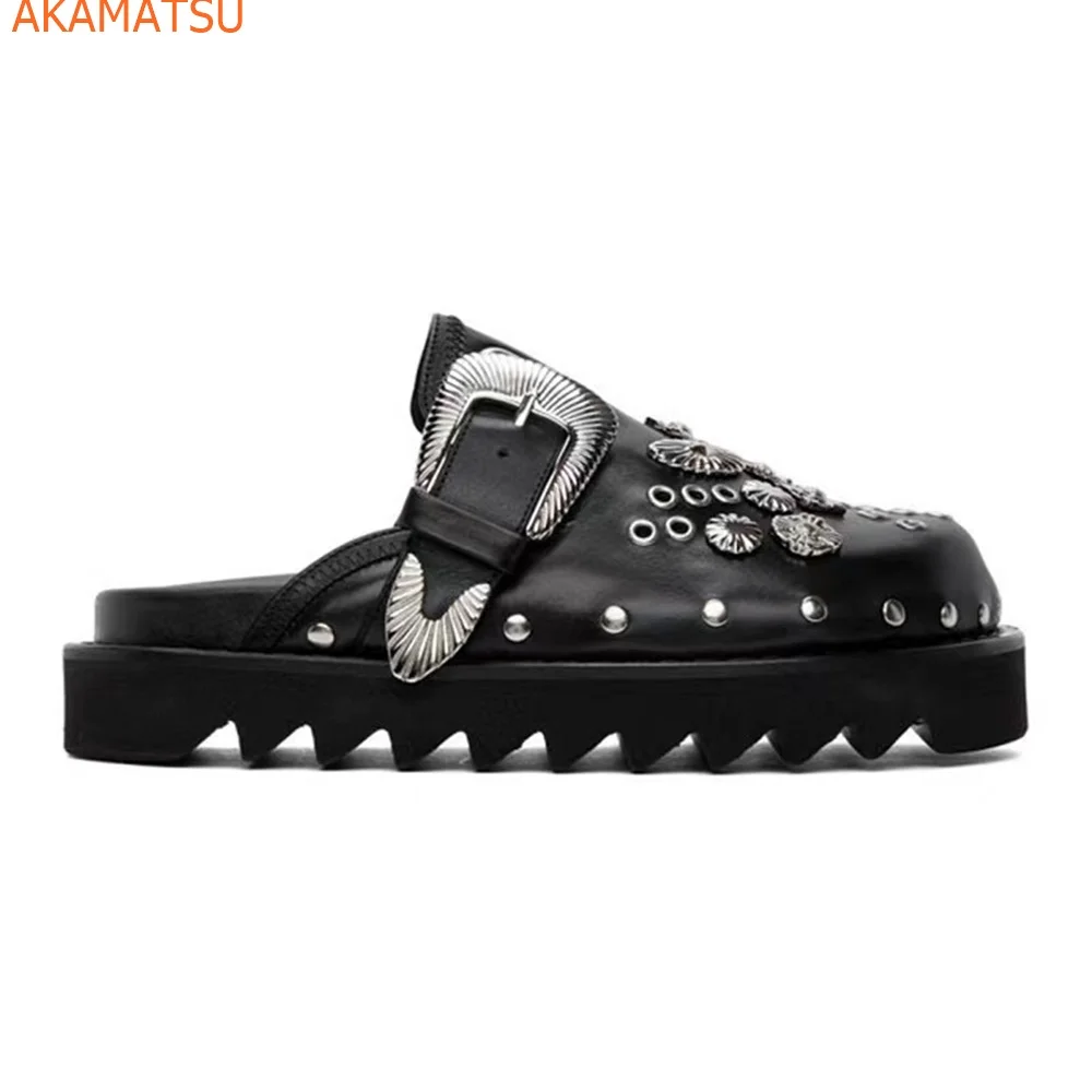 

Round Toe Retro Women Slippers Flat Sole Metal Decoration Belt Buckle Black Summer Women Shoes Fashion Casual Comfortable Shoes