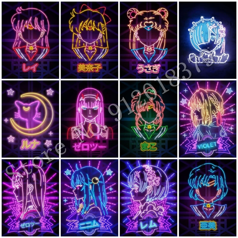 Неоновая алмазная живопись Сейлор Мун 5D Diy японское аниме полноразмерная