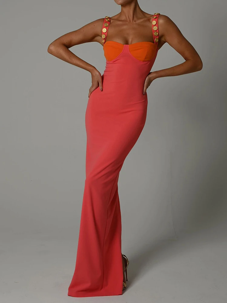 

Sexy Backless High Split Party Long Dress Summer Women Suspender Maxi Dresses Fashion Patchwork Low Cut Sleeveless Bodycon Dress