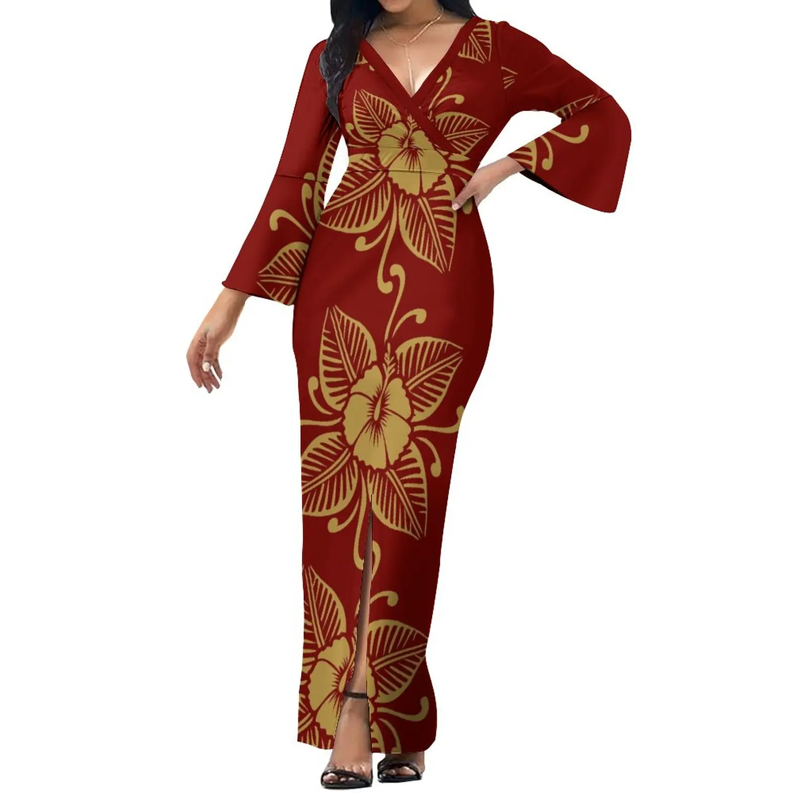 Polynesian Summer Soft Fabric Women's Dress V-neck Design Casual Holiday Dress Custom Slit Sexy Sim Dress