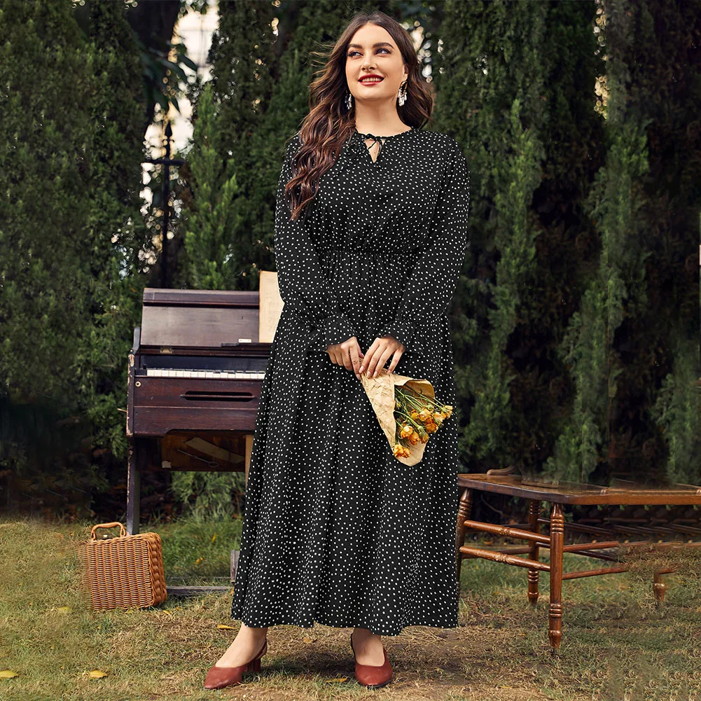 

Plus Size Tie Neck Flounce Long Sleeve Polka Dot Dress Women Long Dresse Chiffon A-line Elastic Maxi Long Dresses 4xl 3xl