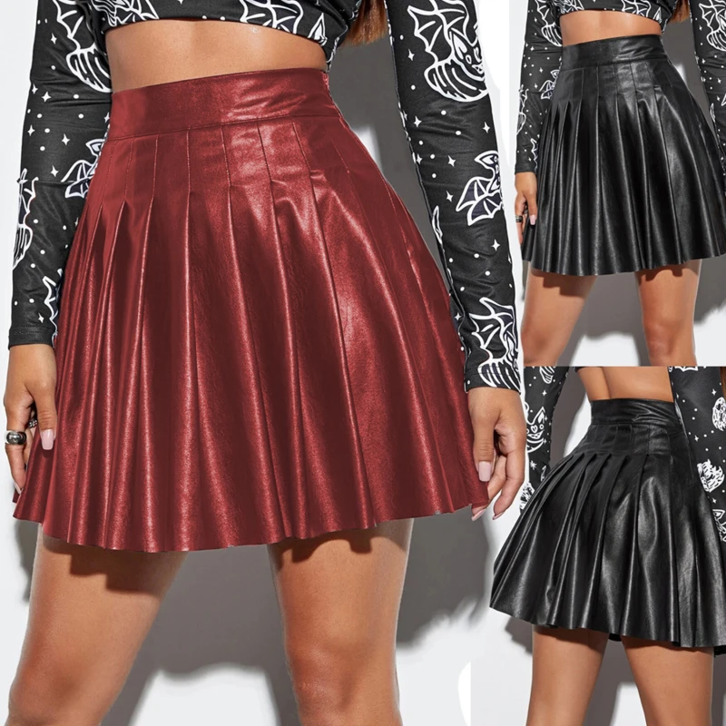 

Female Mini Skirts New Fashion Pu Leather Solid Color Short Underskirt Ladies' Elastic High Waisted Pleated Skirt Costume