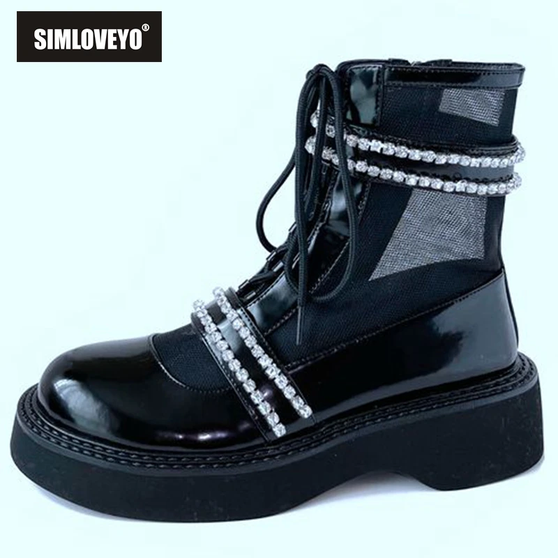 

SIMLOVEYO Women's Mid-Calf Boots Round Toe Block Heels Genuine Leather Mesh Splice Rhinestone Zip Lace-up Size 34-39 Black S3250
