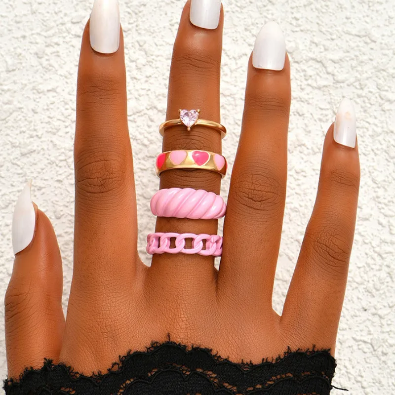 

4 Pcs/set Pink Heart Inlaid Rhinestones Knuckle Ring Set Women Vintage Simple Jewelry