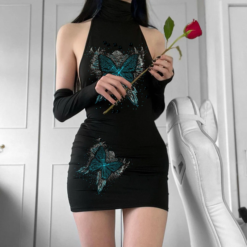 

Summer Fashion Slim Club Sexy Backless Print Butterfly Halter Skinny Dresses Women Girl Mini Sheath Dress Y2k with Oversleeve