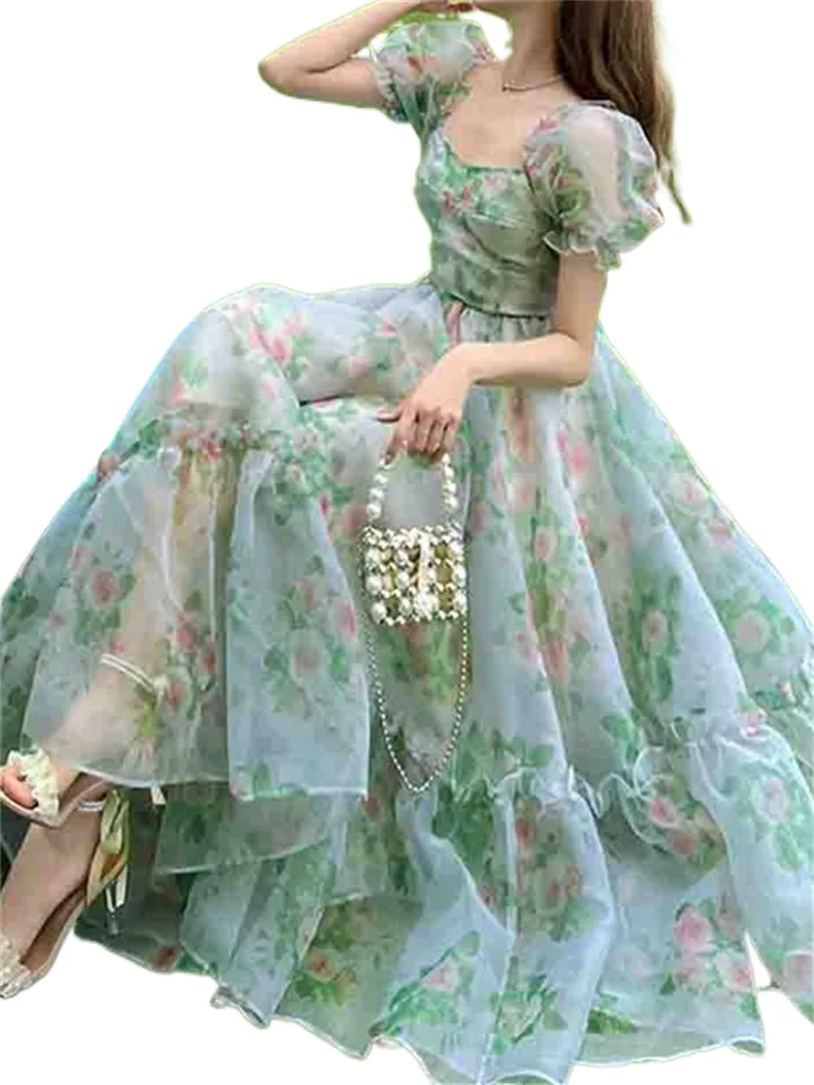 

Женское платье с цветочным принтом, Элегантное летнее платье миди во французском стиле с квадратным вырезом и пышными рукавами, новинка 2023