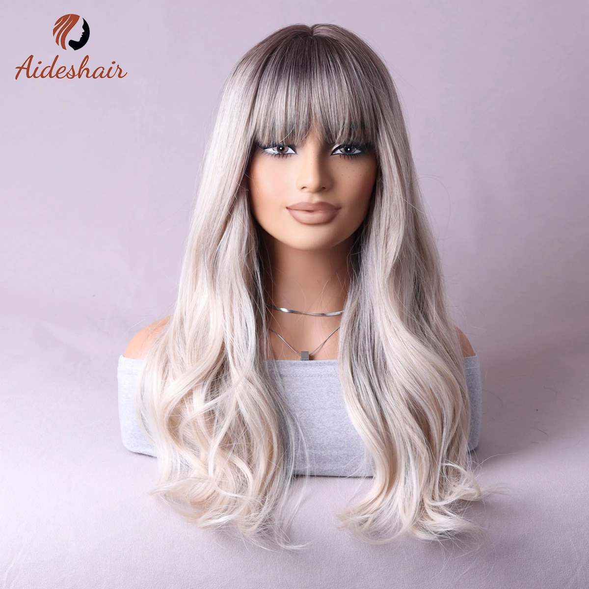 26-дюймовый Длинный Коричневый Синтетический Парик С Челкой Волнистые Волосы