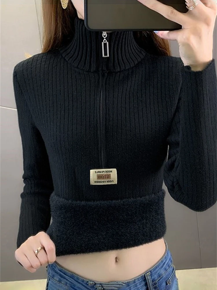 Fleece-lined Sweater Women Autumn and Winter Fashion Zip-up Turtleneck Design Integrated Velvet Bottoming Shirt Inner wear Th...