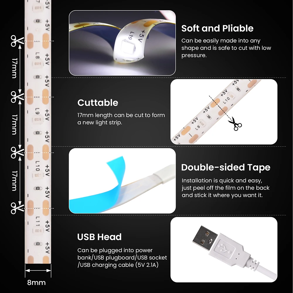 Фото Светодиодная лента 5В USB с регулировкой яркости, 2835, 60 светодиодов/м, с сенсорным диммером, комплект для ночника, водонепроницаемая, для декора под шкафом, 0.5м, 1м, 5м №3