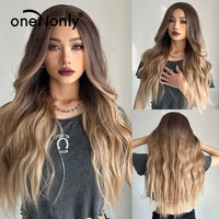 onenonly synthetic wig ombre blonde brown long wigs middle part hair wig for women daily natural wavy heat resistant fiber
