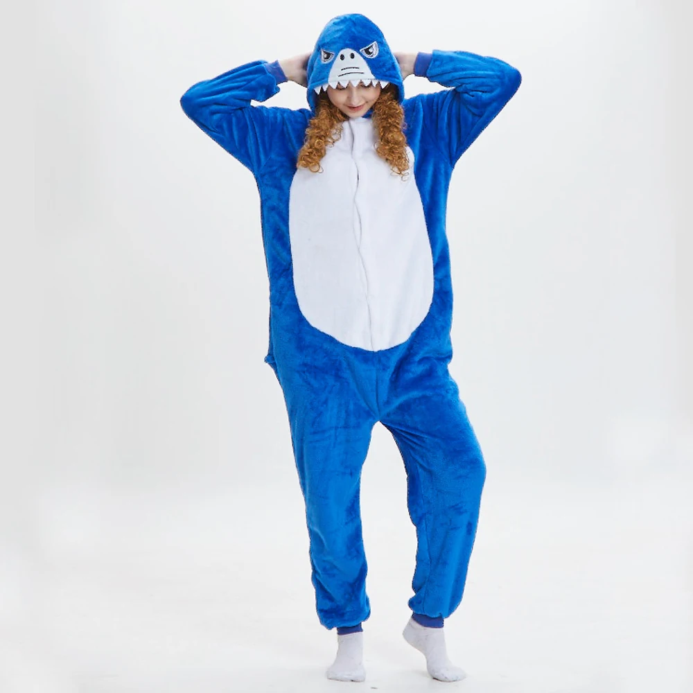 Kigurumi Adults Women Men Animal Shark Onesies Flannel Cartoon Pajamas Set Warm Winter Homewear Halloween Cosplay Cute Jumpsuits