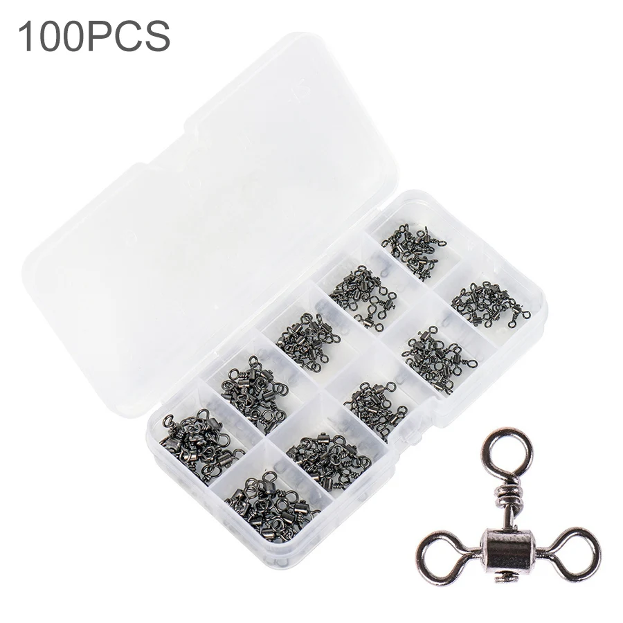 

100pcs/box Three Way Cross Line Barrel Fishing Swivels Set Fishing Lures Connector Fast Rolling Snap