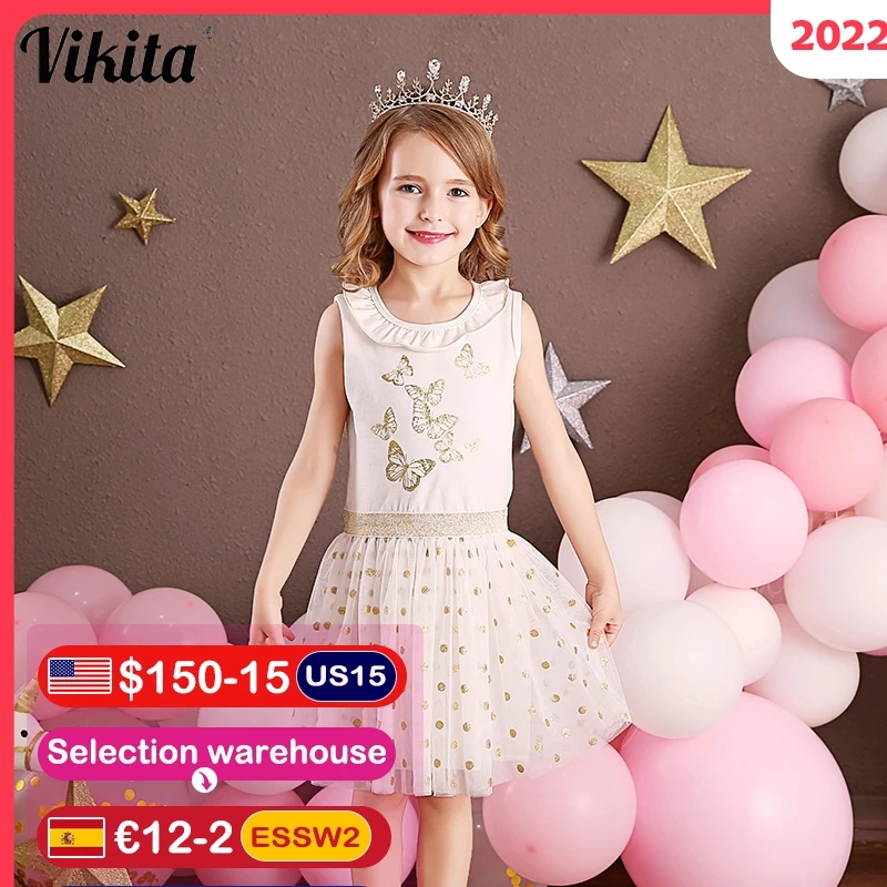 

VIKITA Girls Birthday Party Elegant Dress Children Butterfly Print Vestidos Kids Polka Dot Dresses Girls Sleeveless Summer Dress