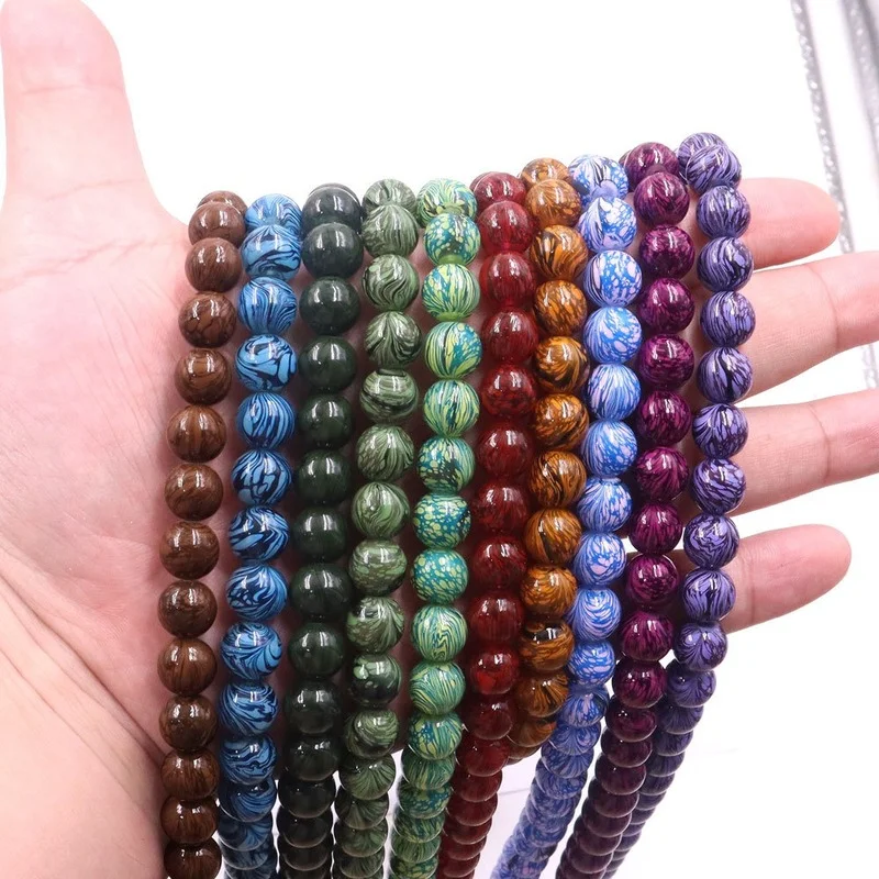

9mm Marble Texture Glass Beads Round Painted Loose Spacer Beads for DIY Making Neaklace Craft Jewelry Findings 16inch