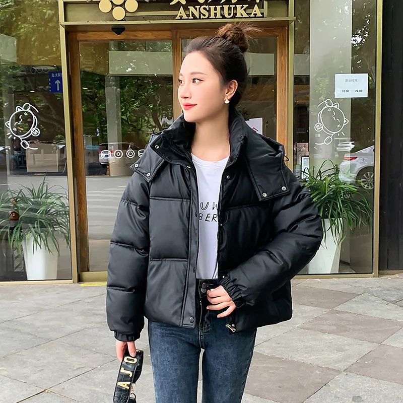 GRELLER Leather Winter Women Hooded Down Jacket Casual Long Sleeve Zipper Short Outerwear Female Korean Warm Loose Students Coat