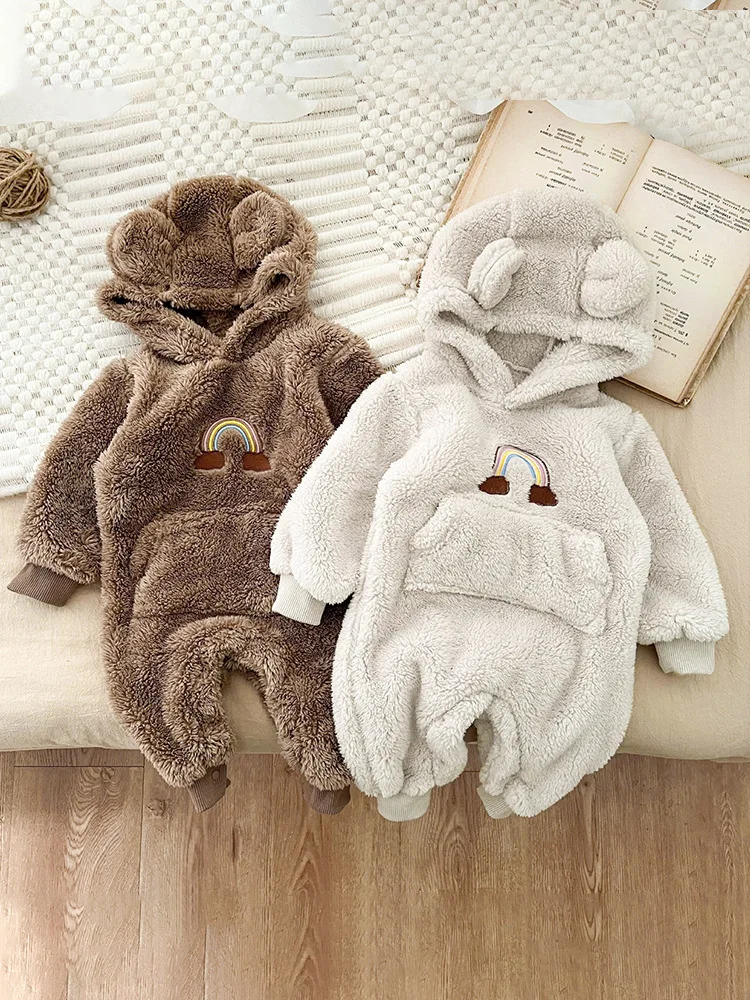 

2023 Winter New Baby Warm Hooded Romper Newborn Toddler Long Sleeve Rainbow Jumpsuit Infant Boy Girl Thick Plush Clothes 0-24M