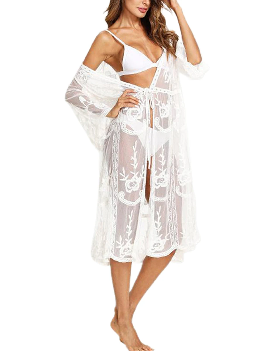 

Summer Floral Lace See-through Long Sleeve Cardigan Smock for Swimsuit Beachwear Women Kimono Bikini Cover Up