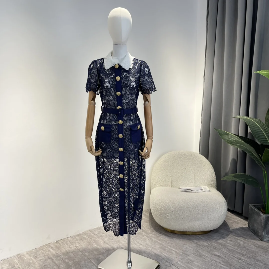 

2022 New Autumn Top Quality Navy Blue Hook Flower Hollow Out Lace Patchwork Mid Length Elegant Dress for Women