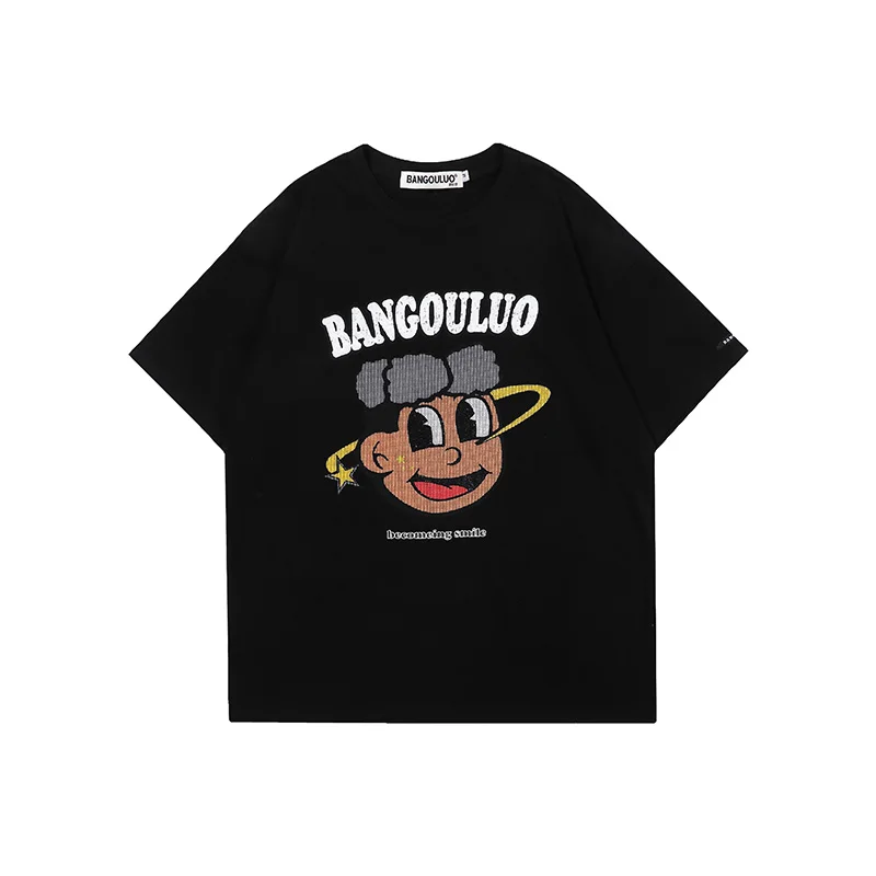 

Retro Cartoon Boy Head Letter Print Cotton Couple Top Tees Short Sleeve Harajuku Summer Casual T Shirt Loose O Neck T-shirt