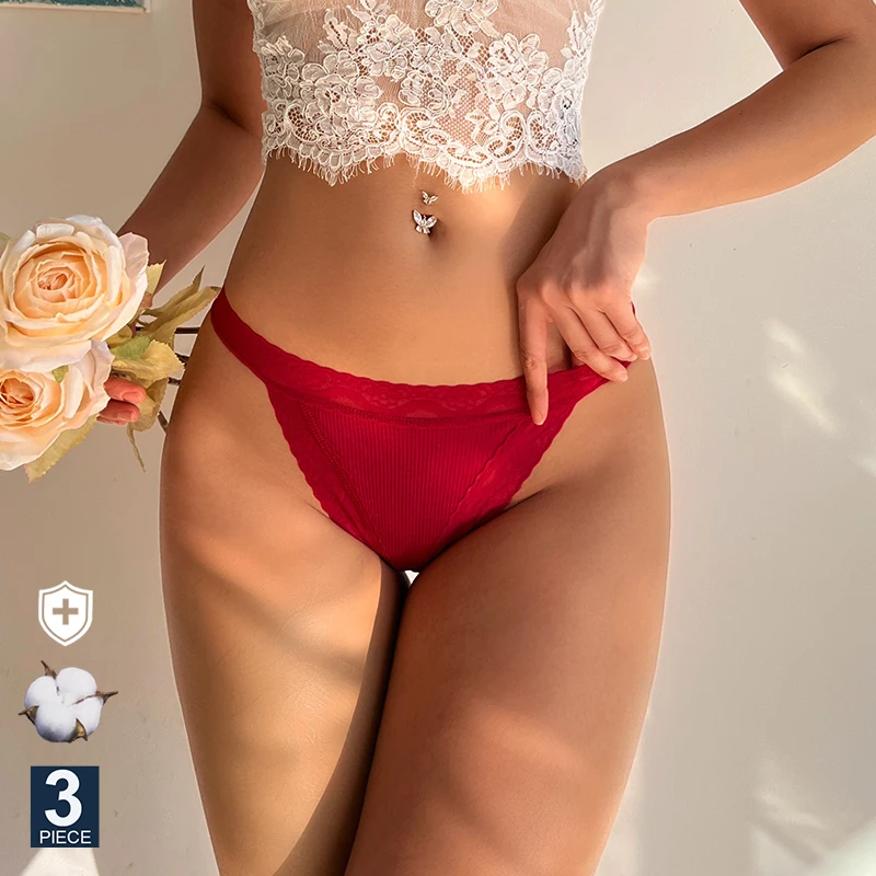 

FINETOO 3PCS/Set Cotton Sexy Women Lace Panties Woman's Underwear Girls Underpant Femme Pantys Ladies Bikini V-Waist Lingerie