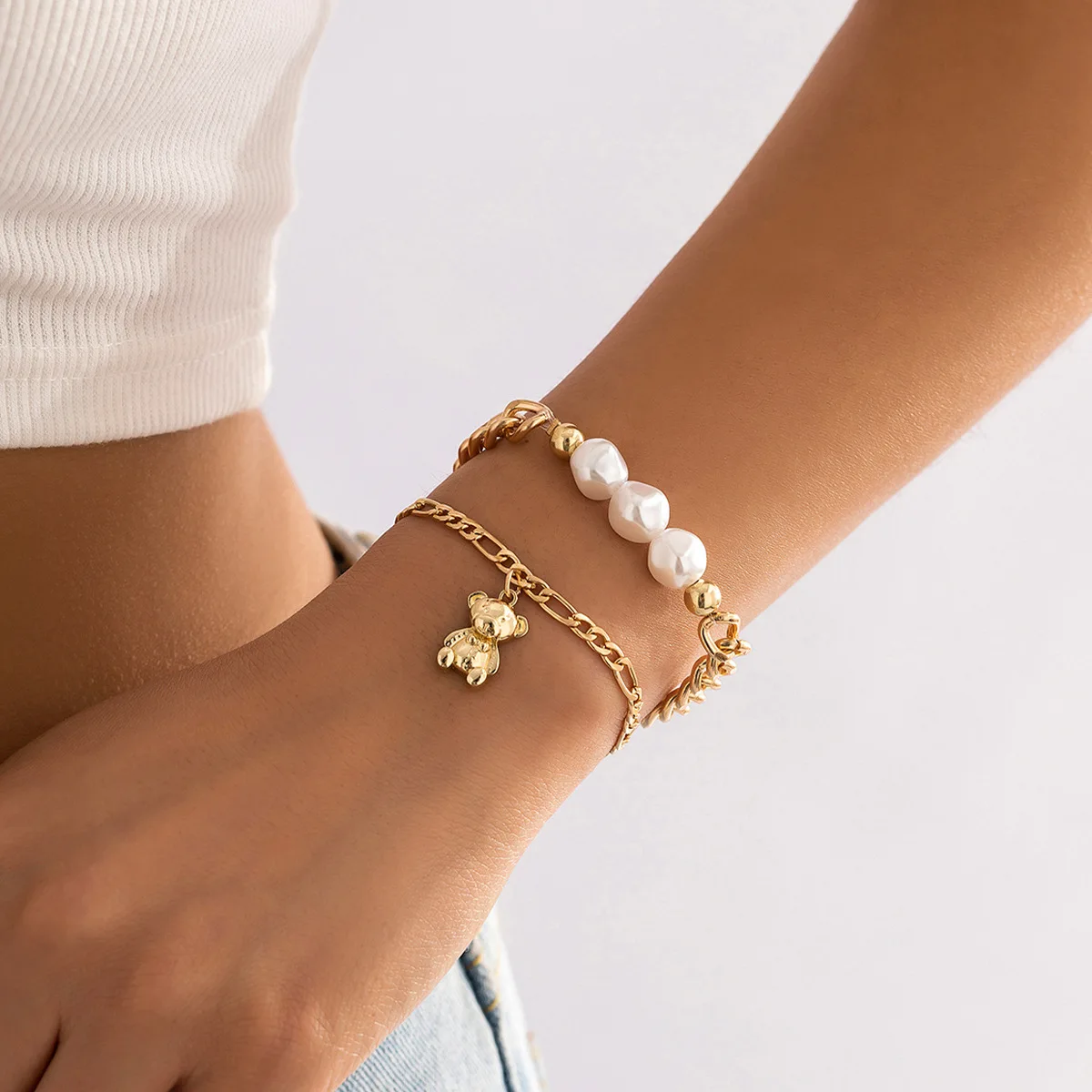 

2pcs Silver Gold Color Punk Bracelet For Women Vintage Simple Cute Bear Pendant Beads Bracelet Accessories Fine Jewelry