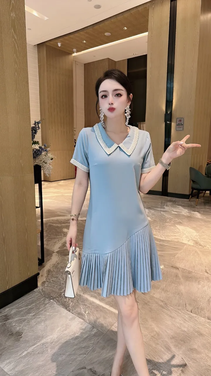 2023 spring and summer women's clothing fashion new Pleated Beaded Lapel Dress 0526