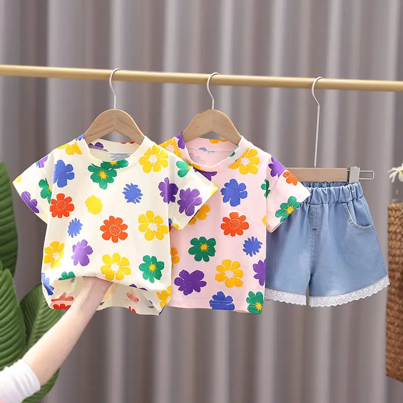 

Summer Children Clothes Baby Girls Cartoon Flowers T Shirt Short Jeans 2Pcs/sets Kids Infant Lovely Casual Clothing 0-4 Years