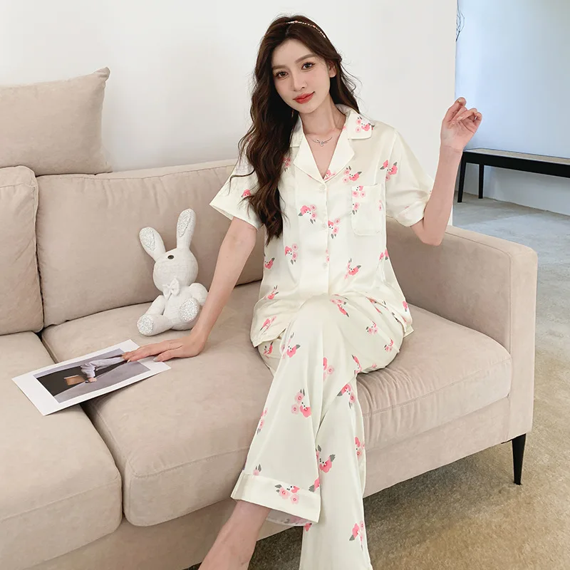 Summer Ice Silk Pajamas for Women's Advanced Sense Short-sleeved Sleepwear Suit Thin Cool Feeling Elegant Style Lapel Loungewear