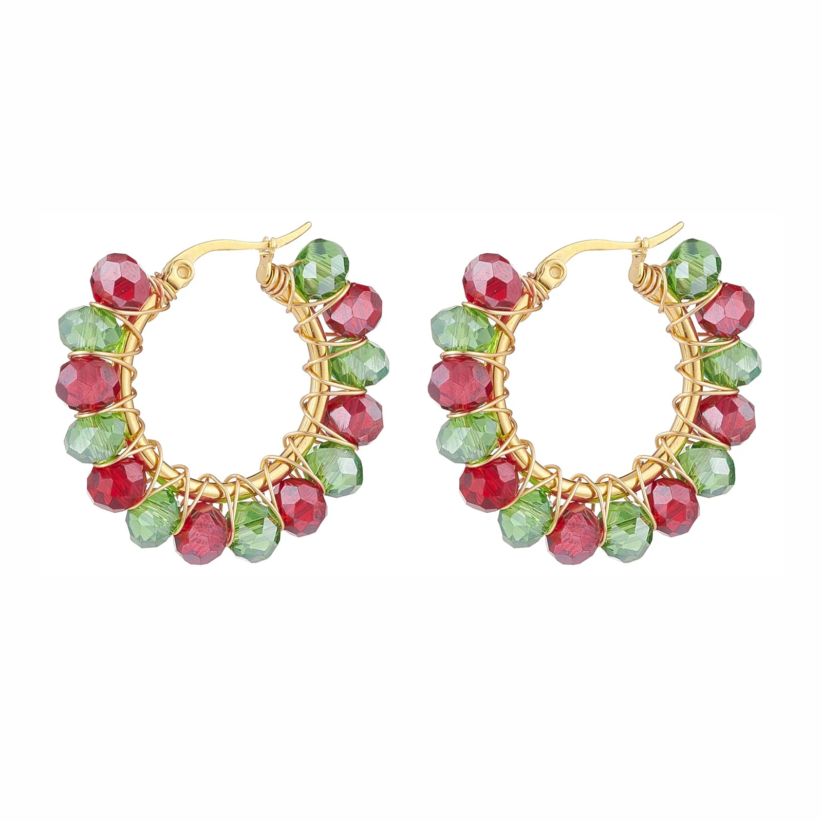 

Kissitty 10Pairs Colorful Christmas Glass Braided Big Hoop Earrings Stainless Steel Wire Wrap Jewelry for Women Gift