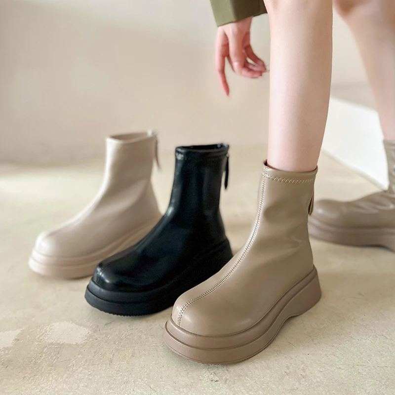 

Женские ботинки на среднем каблуке, Осенние однотонные ботильоны из искусственной кожи, на молнии, с круглым носком, в стиле «лолита», на пло...