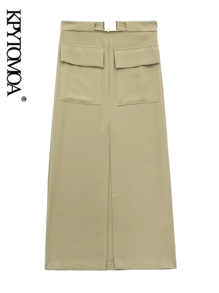 

KPYTOMOA Women Fashion With Belt Front Slit Midi Skirt Vintage High Waist Side Zipper Female Skirts Mujer