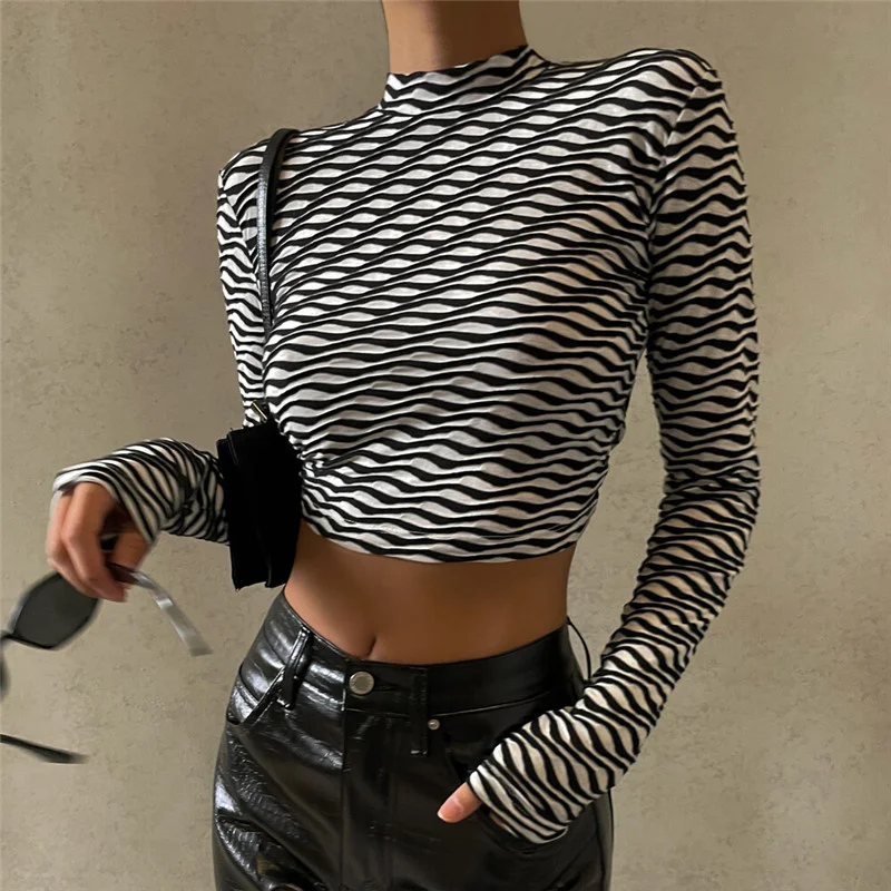 street shooting collar black and white color ripple girl long sleeve Pullover T-shirt women's autumn Rachel | Женская одежда