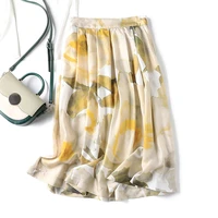 100 silk skirts women 22mm printed a skirt elasic waist elegant casual vintage style new fashion