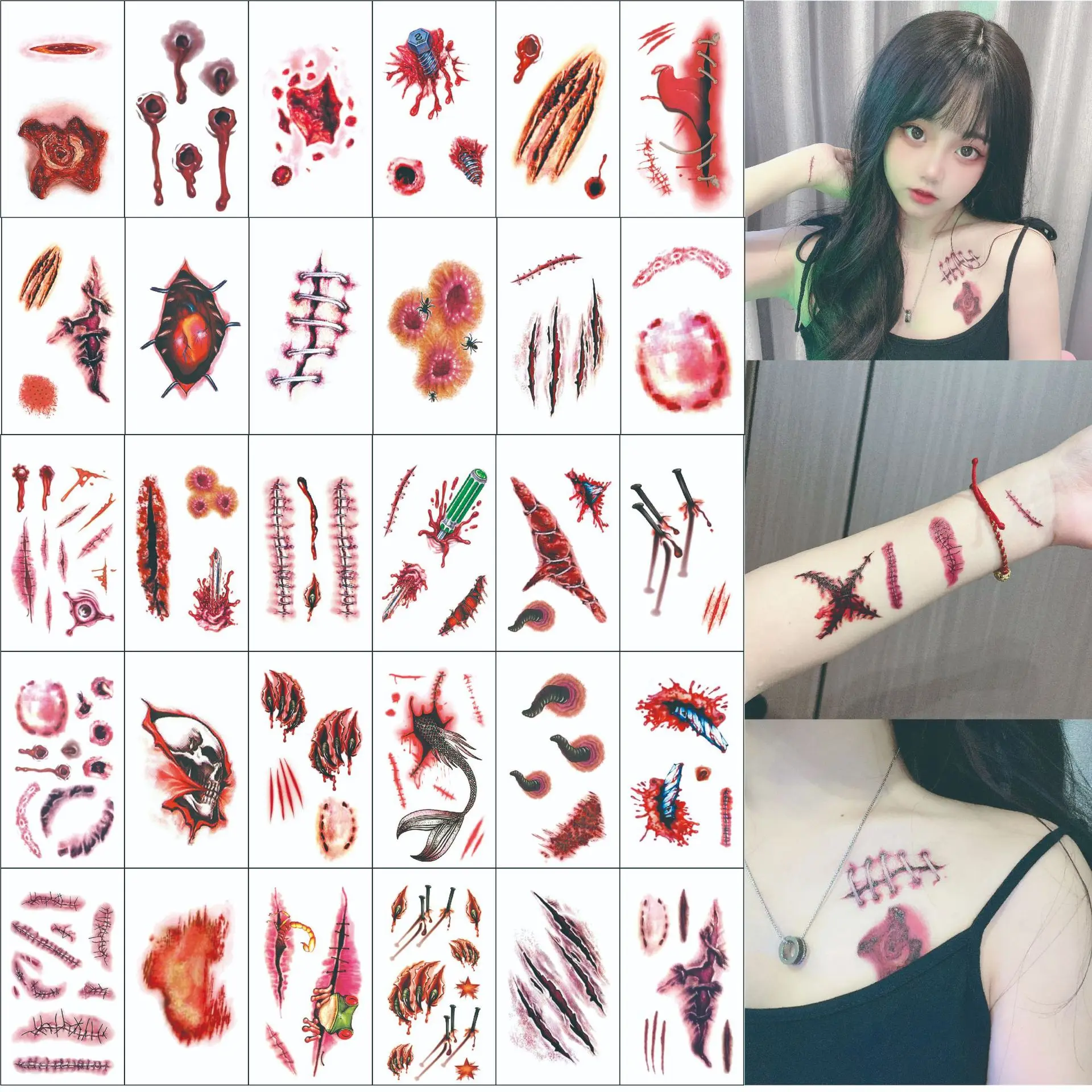 

30pcs Temporary Tattoos Halloween Tattoo Stickers Bloody Wounds Trick Scary Waterproof False Tattoo Halloween Party Beauty Tools