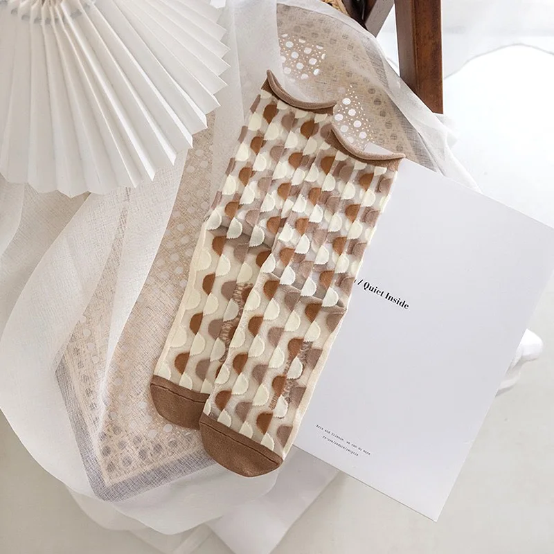 Novelty Crystal Silk Socks Girls Summer Ultra-thin Transparent Glass Silk Sock Cartoon Print Harajuku Kawaii Cute Long Socks New