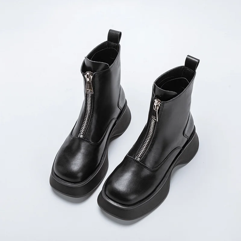 

New Women's Chelsea Boots Genuine Leather Fashion Fur Winter Boots Women Front Zipper British Style Women's Short Boots