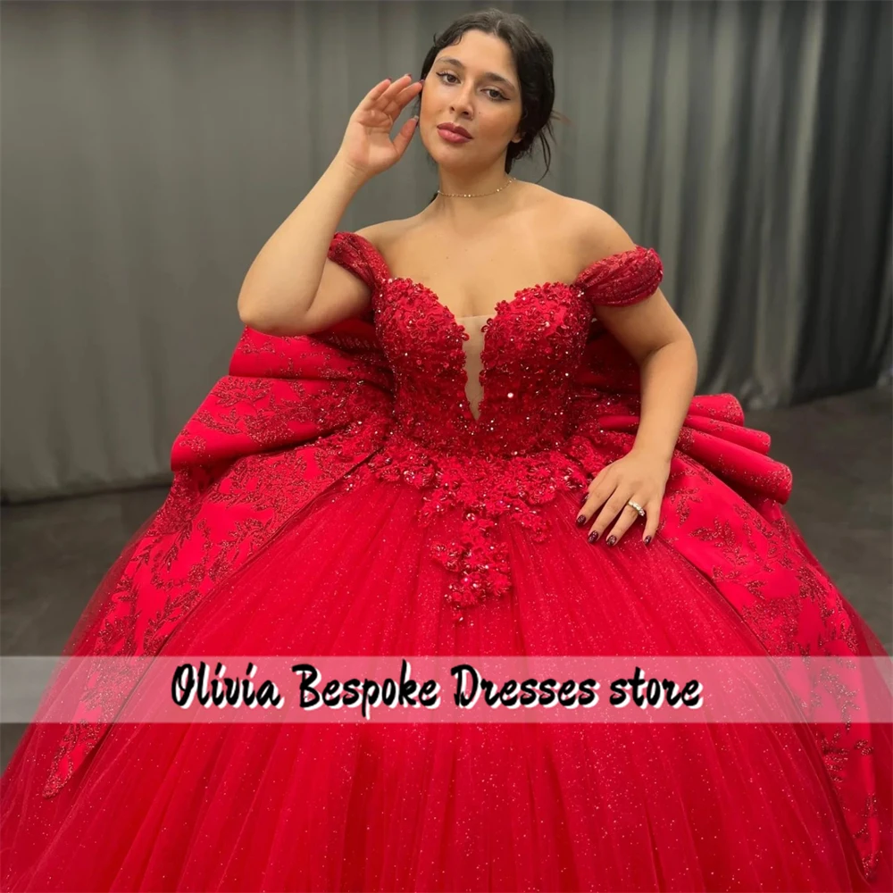 Fancy Red Bow Quinceanera Dresses 2025 For Birthday Party Beaded Lace Appliques Ball Gown vestido de 15 años quinceañera rojo