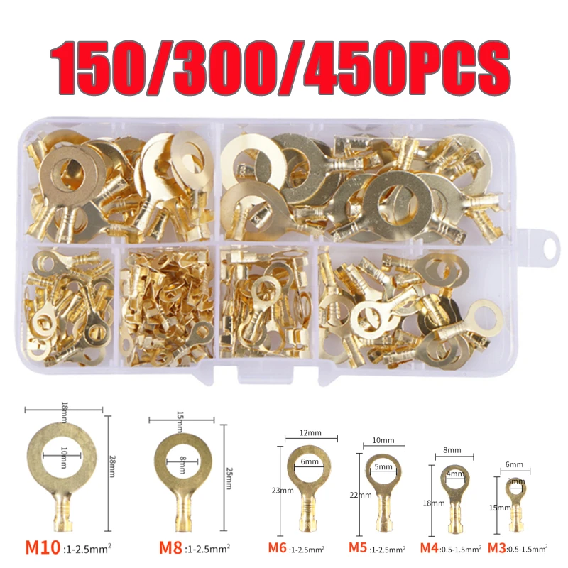 

150/300/450PCS M3/M4/M5/M6/M8/M10 Ring Lugs Eyes Copper Crimp Terminals Cable Lug Wire Connector Non-insulated Assortment Kit