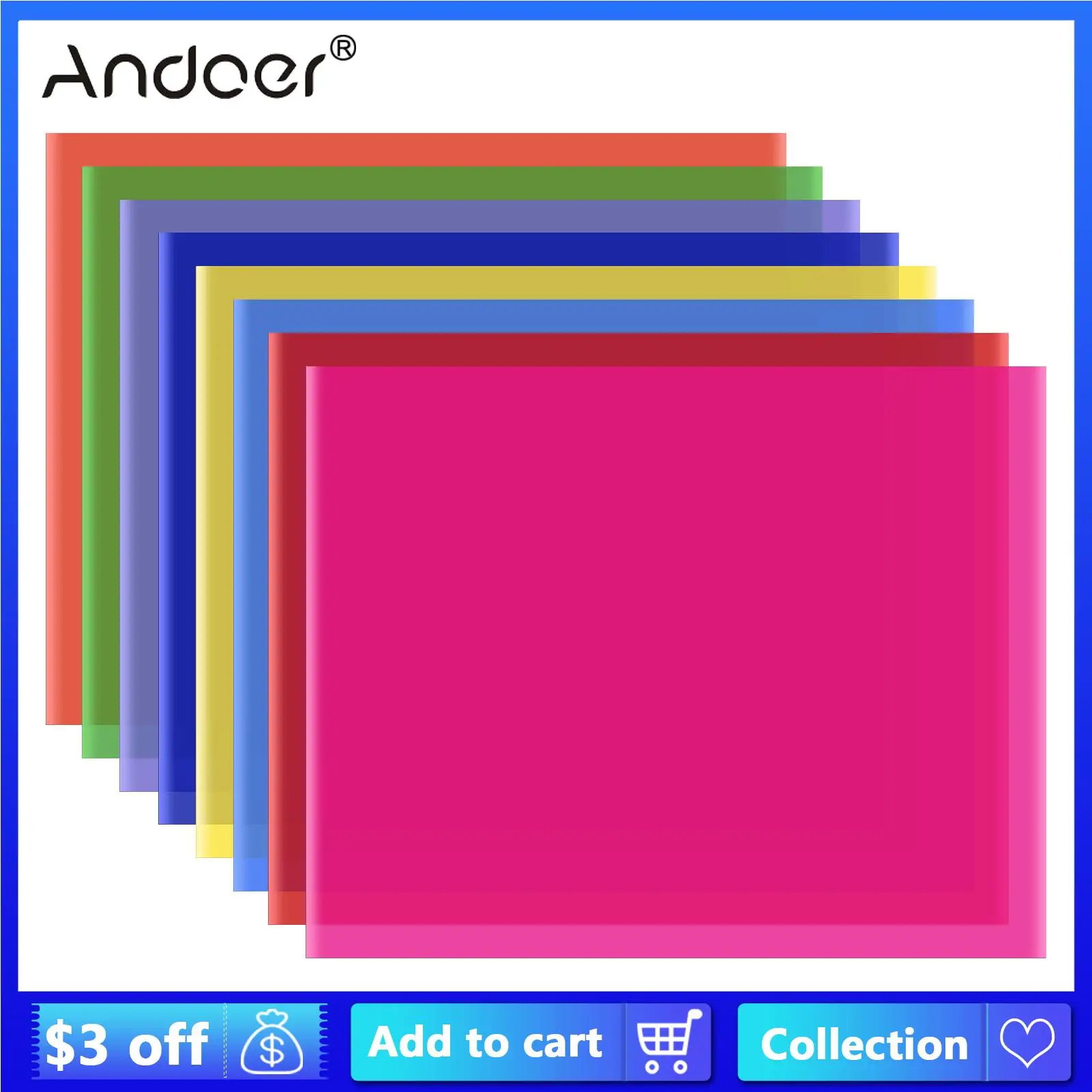 

Andoer 8 Colors PET Transparent Gel Lighting Filter 50*40cm Coloured Overlays Tinted Gels Light Filters LED Studio Flash Light