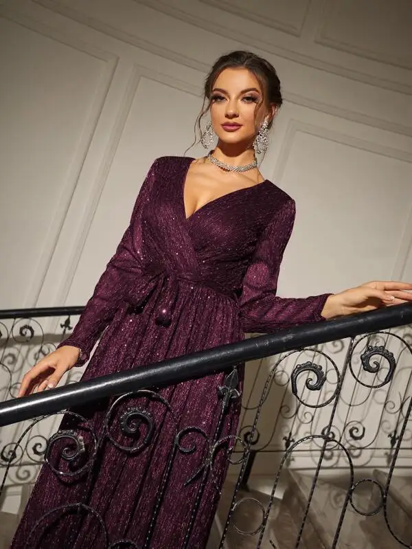 

New Year Dresses Party Wedding Women V-Neck Dress Sequins Surface Tie Up Waist Pleated Gown Long Sleeve Party Skirt Hot S-XL