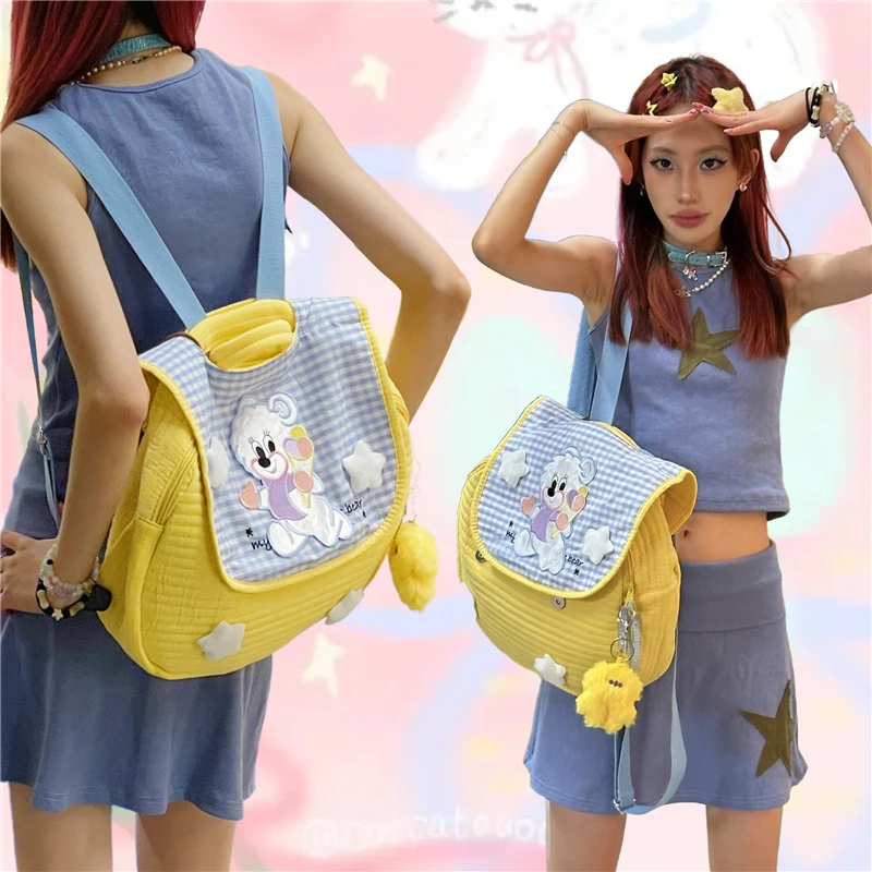 

2023 New Preppy Style High School Student Cute Backpack Vintage Star Patchwork Plaid Cartoon Bear Casual Backpack Mochilas Mujer