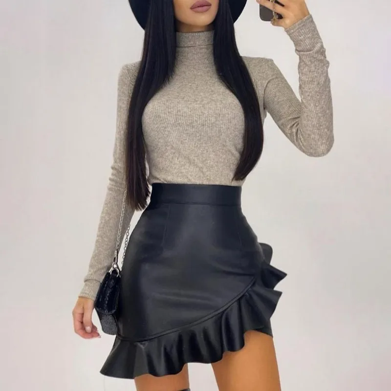 

Women's 2021 New Sexy Leather Pu Skirt Black Ruffled Asymmetric Female Mini Skirt High Waist Flared Fashion Office Female Skirt