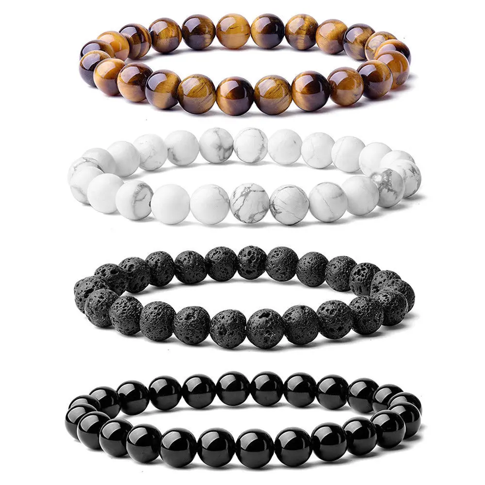 

Natural Stone Beaded 8mm Black Agat Tiger Eye Lava Stone Energy Yoga Stretch Bracelets for Men Women Jewelry Gift