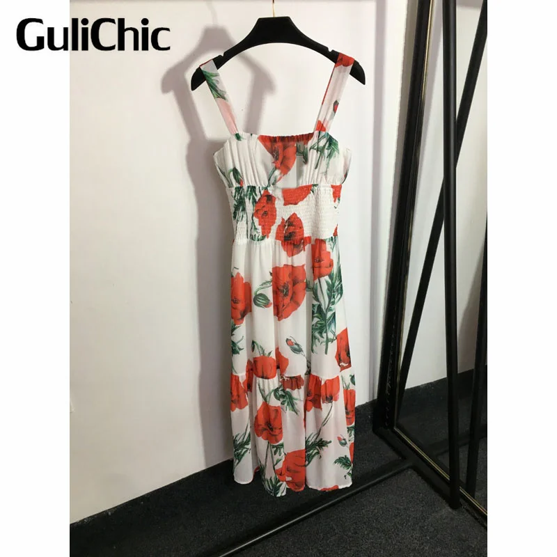 

Женское платье на тонких бретельках GuliChic 4,21 темпераментное с цветочным принтом и эластичным поясом