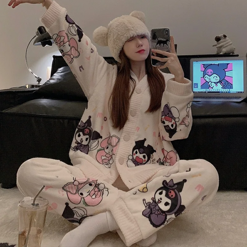 

Sanrio Kuromi Fall and Winter Warm Pajamas Set Coral Fleece Kawaii Anime Cinnamoroll Women's Soft Plush Girl's Homewear Gift