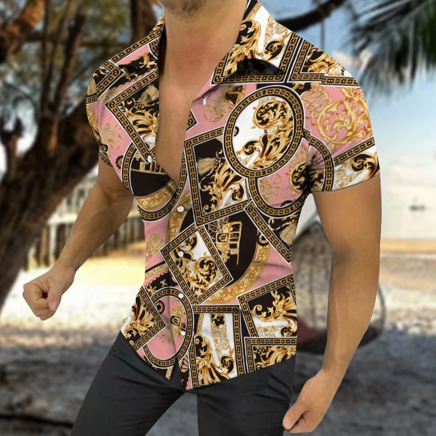 Hawaiian Men's Slim Shirt Printed Short Sleeve Cardigan European American Man Clothing Casual Lapel Single Breasted Shirts Men