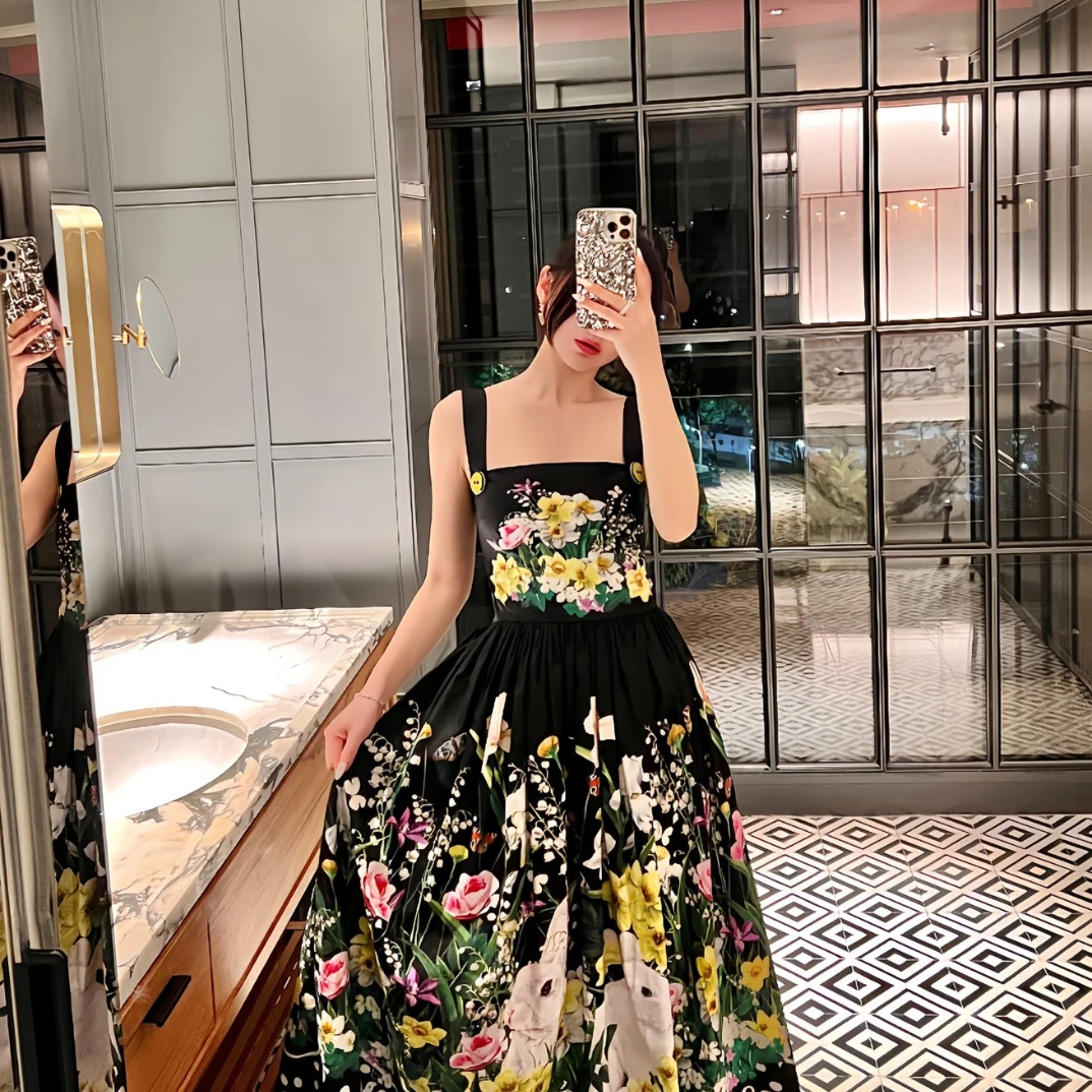 

2023 Top Quality Spring Summer Collection Black Floral Printing Button Straps Midi A-line Dress for Women