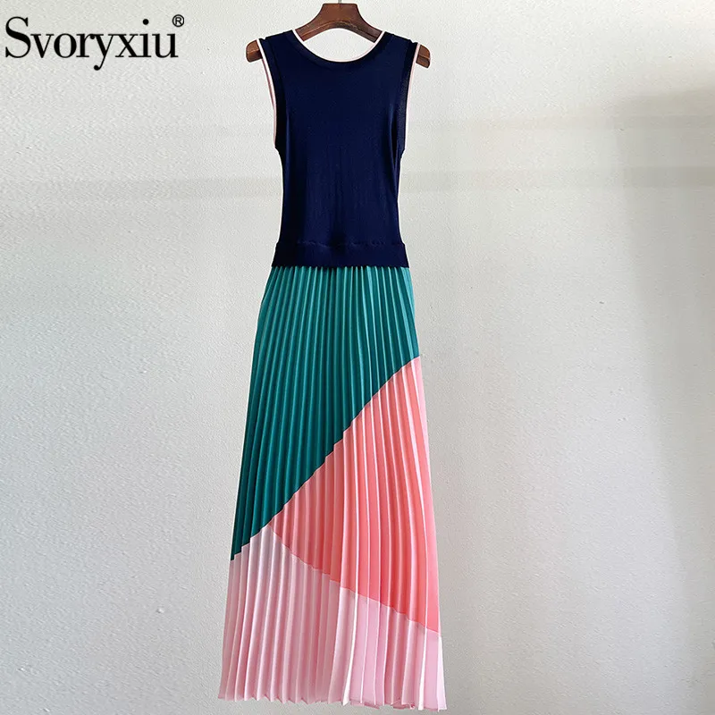 Svoryxiu Runway Designer Summer Fashion Sleeveless Knitting Pleated Long Dress Women's Color Geometry Sweater Dresses XXL